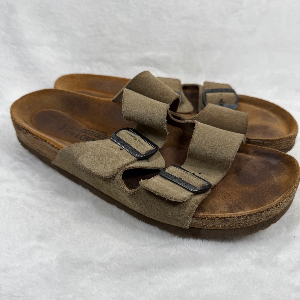 Naot Santa Barbara Suede Slide Sandals Taupe Tan Buckle Cork Footbed EU‎ 39 US 8